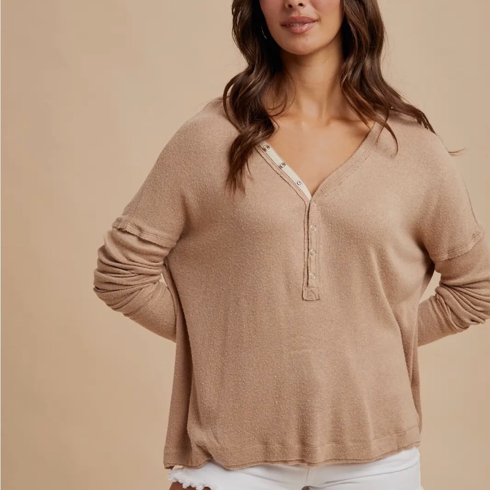 Women's Tan Henley - Picture 5 of 8